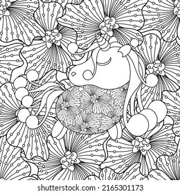 Magic Unicorn coloring book page for adults. Fairy animal and flowers. Hand drawn vector illustration.