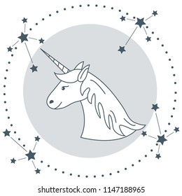 Magic unicorn and constellations. Design for children graphic, t-shirt, cover, gift card, poster.