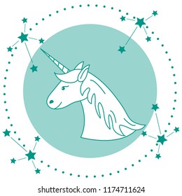 Magic unicorn and constellations. Design for children graphic, t-shirt, cover, gift card, poster.