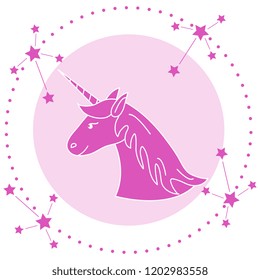 Magic unicorn and constellations. Design for children graphic, t-shirt, cover, gift card, poster.