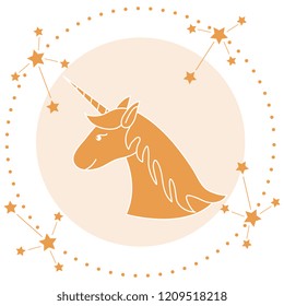 Magic unicorn and constellations. Design for children graphic, t-shirt, cover, gift card, poster.