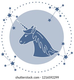 Magic unicorn and constellations. Design for children graphic, t-shirt, cover, gift card, poster.