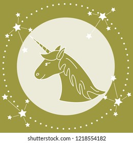 Magic unicorn and constellations. Design for children graphic, t-shirt, cover, gift card, poster.