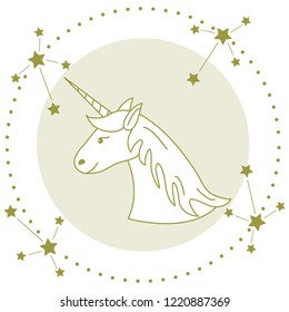 Magic unicorn and constellations. Design for children graphic, t-shirt, cover, gift card, poster.