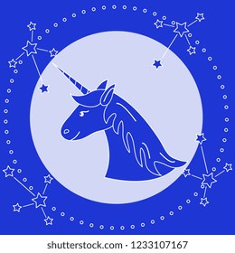 Magic unicorn and constellations. Design for children graphic, t-shirt, cover, gift card, poster.