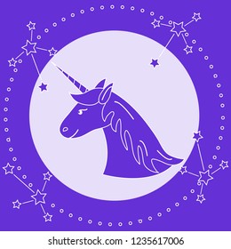 Magic unicorn and constellations. Design for children graphic, t-shirt, cover, gift card, poster.