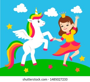  Um unicórnio mágico dançando com uma princesa.  Ilustração vetorial