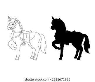 Magic unicorn. Fairy horse. Black silhouette. Design element. Vector illustration isolated on white background. Template for books, stickers, posters, cards, clothes.