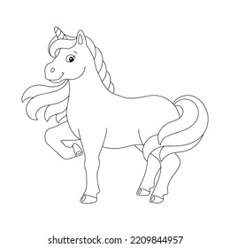Magic unicorn. Fairy horse. Coloring book page for kids. Cartoon style character. Vector illustration isolated on white background.