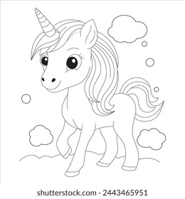 Magic unicorn. Fairy horse. Coloring book page for kids. Cartoon style character. Vector illustration isolated on white background.
