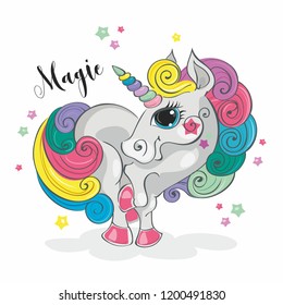 Magic unicorn. Fairy pony. Rainbow mane. Cartoon-style. Vector.