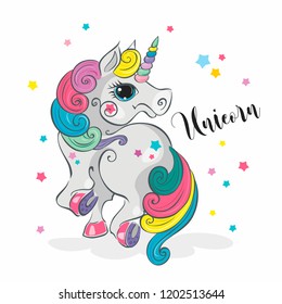 Magic unicorn. Fairy pony. Rainbow mane. Cartoon-style. Vector.