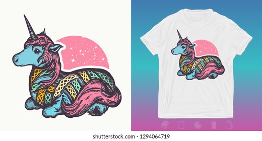 Magic unicorn. Fairy tale print for t-shirts and another, trendy apparel design. Symbol of dreams 