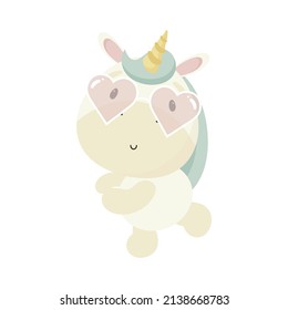 Magic Unicorn with glasses. Cartoon style. Vector illustration. For kids stuff, card, posters, banners, children books, printing on the pack, printing on clothes, fabric, wallpaper, textile or dishes.