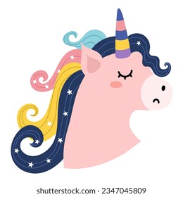 Cabeza mágica de unicornio Aislada sobre fondo blanco. Cara de pony. Sombrerero de personaje fantástico con pelo de arco iris. Ilustración del vector