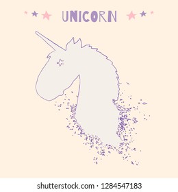 Magic unicorn head vector logo template with watercolor splashes and stars isolated on beige background. Kids illustration for design prints, greeting cards, posters and birthday invitations.