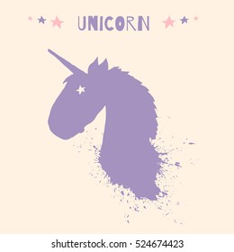 Magic unicorn head vector logo template with watercolor splashes and stars isolated on beige background. Kids illustration for design prints, greeting cards, posters and birthday invitations.