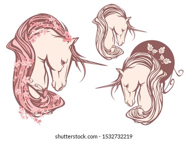 magic unicorn horse among blooming sakura tree branches - spring season art nouveau style mythical animal vector portrait