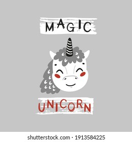 Magic Unicorn Horse Face. Cute Unicorn Head for Tee Print Design for Kids. Vector Cartoon Little Baby Animal. Scandinavian Card, Print or Poster Design