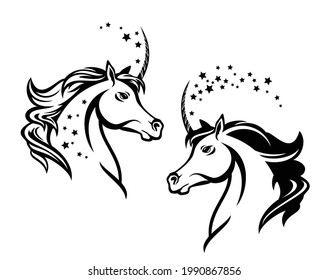 magic unicorn horse profile design - black and white vector animal head with flying mane and stars