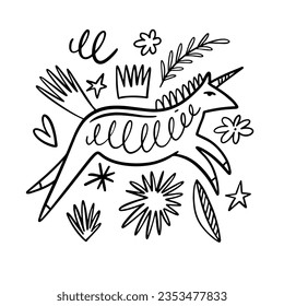 Magic unicorn or horse sign. Black color line art style character animal. Isolated on white background.
