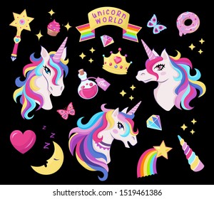 Magic unicorn icon set with magic wand, stars with rainbow, diamonds, crown, crescent, heart, butterfly, decor for girl birthday, vector illustration