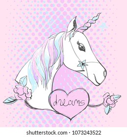 Magic unicorn with lettering. Vector pop art style fashion illustration and text on a pink background.