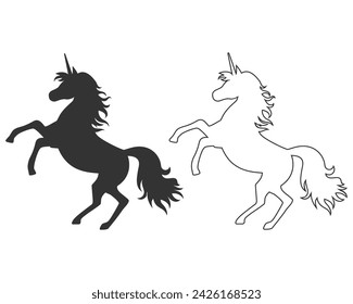 Magic unicorn line icon set silhouette, Stylish icons, vintage, background, horses tattoo. Hand drawn unicorn vector illustration, outline black