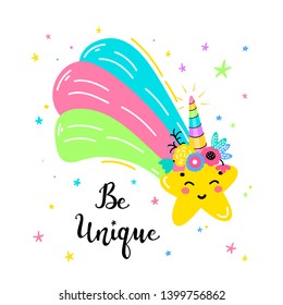 Magic Unicorn Little Cute Falling Star with Unicorn Horn and Flower Crown and "Be Unique" Word Vector Illustration. Kawaii Stars Scandinavian t-shirt Print, Baby Shower Card, Nursery Poster, Birthday