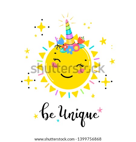 Magic Unicorn Little Cute Smiling Sun with Unicorn Horn and Flower Crown and "Be Unique" Word Vector Illustration. Kawaii Sun Scandinavian t-shirt Print, Baby Shower Card, Nursery Poster, Birthday