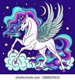 Magic unicorn with a long rainbow mane in the night sky among the clouds.Mystical animal. For the design of prints, posters, tattoos, stickers, postcards, etc. Vector illustration