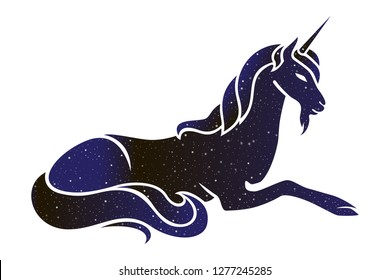 Magic unicorn lying down. Vector mythological animal illustration, night sky color silhouette isolated on white background.