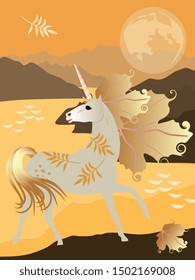 Magic unicorn with mane in shape of autumn leaves against sea landscape with mountains and fjords. 