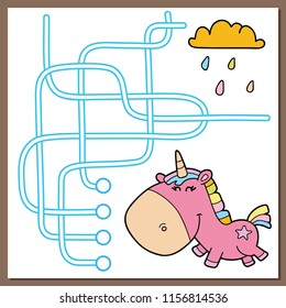 Magic unicorn maze educational  game. Vector illustration of maze(labyrinth) educational  game with cute cartoon rainbow unicorn for children