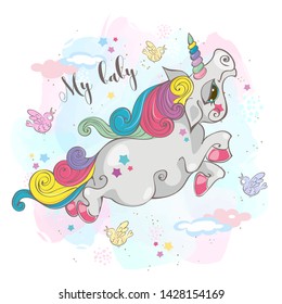 Magic unicorn. My baby. Rainbow mane. Cartoon-style. Vector.