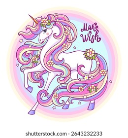 Magic unicorn on a rainbow background. Round composition. Text "Make a wish". For children's design of prints, posters, cards, stickers, puzzles, etc. Vector illustration