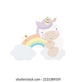 Magic Unicorn on a Rainbow. For kids stuff, card, posters, banners, books, printing on the pack, printing on clothes, fabric, wallpaper, textile or dishes. Vector illustration.