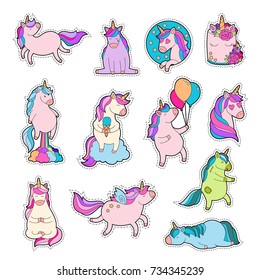 Magic unicorn patches. Trendy pink unicorn sticker pack with rainbow and different emotions: love, dream, sad, happy, farting rainbow. Teenage pin set. Zombie pony. Vector illustration.