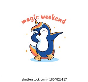 Magic Unicorn penguin. Cartoonish rainbow-animal dancing, with a lettering phrase, stars shape. Good for t-shirts, clothes, designs, stickers, ads, etc. Vector illustration
