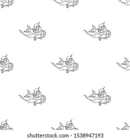 Magic  Unicorn pilot  flying in airplane. Vector cartoon seamless pattern