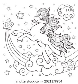 Magic unicorn pony with a star. Linear black and white drawing. For children's design of coloring books, prints, posters, stickers, postcards, etc. Vector