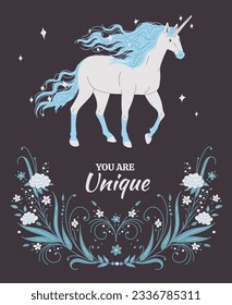 Magic unicorn poster, you are unique inscription, cartoon flat vector illustration. Inspirational greeting card with fantastic animal drawing. Fairy horse with blue mane and horn.