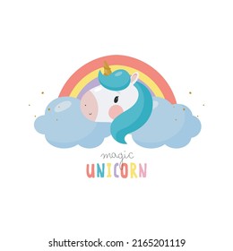 Magisches Einhorn und Regenbogen. Cartoon-Stil. Vektorgrafik. Für Kinder Sachen, Karten, Plakate, Banner, Kinderbücher, Druck auf der Verpackung, Druck auf Kleidung, Stoff, Tapete, Textilien oder Geschirr.