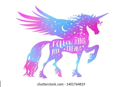 Magic unicorn with rainbow gradient and inspirational text - vector illustration