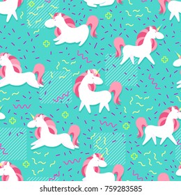 Magic Unicorn with rainbow horn and flying hearts with wings seamless pink pattern. Modern fairytale endless textures, magical repeating background with memphis style elements .Vector