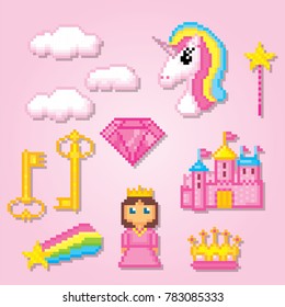  Magic unicorn rainbow icons set. Pixel art. Old school computer graphic style. Games elements.