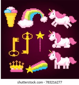  Magic unicorn rainbow icons set. Pixel art. Old school computer graphic style. Games elements.