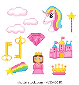  Magic unicorn rainbow icons set. Pixel art. Old school computer graphic style. Games elements.