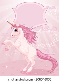Magic unicorn rearing under a text box