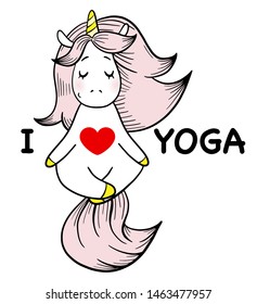 Magic unicorn is relaxing and doing yoga. I love yoga text. 